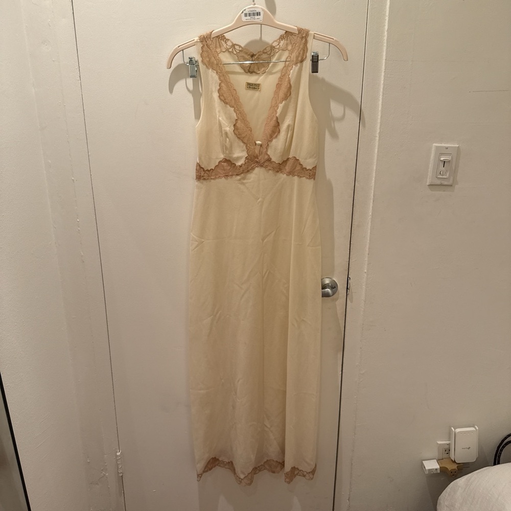 Ivory Satin Slip Dress with Taupe Lace Trim